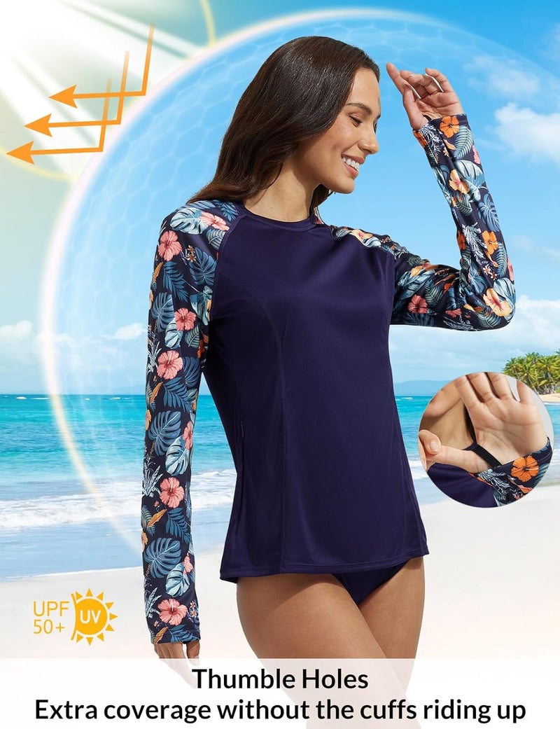 Baleaf Rash Guard for Women Swim Shirts UPF 50+ UV Sun Protection Long Sleeve Swimsuit Top Zipper Pocket Thumbhole - Image 3
